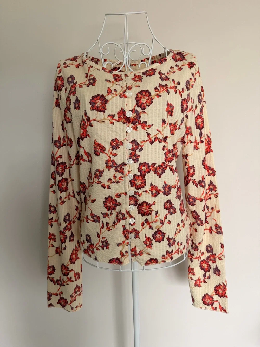 Free People Cream Ribbed Button-Front Crop Top with Pink Floral